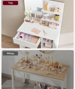 VASAGLE Dressing Table, Vanity Table with Large Mirror, Cabinet with 2 Adjustable Shelves, 1 Drawer, 2 Open Shelves, Modern Makeup Table, White - Image 3