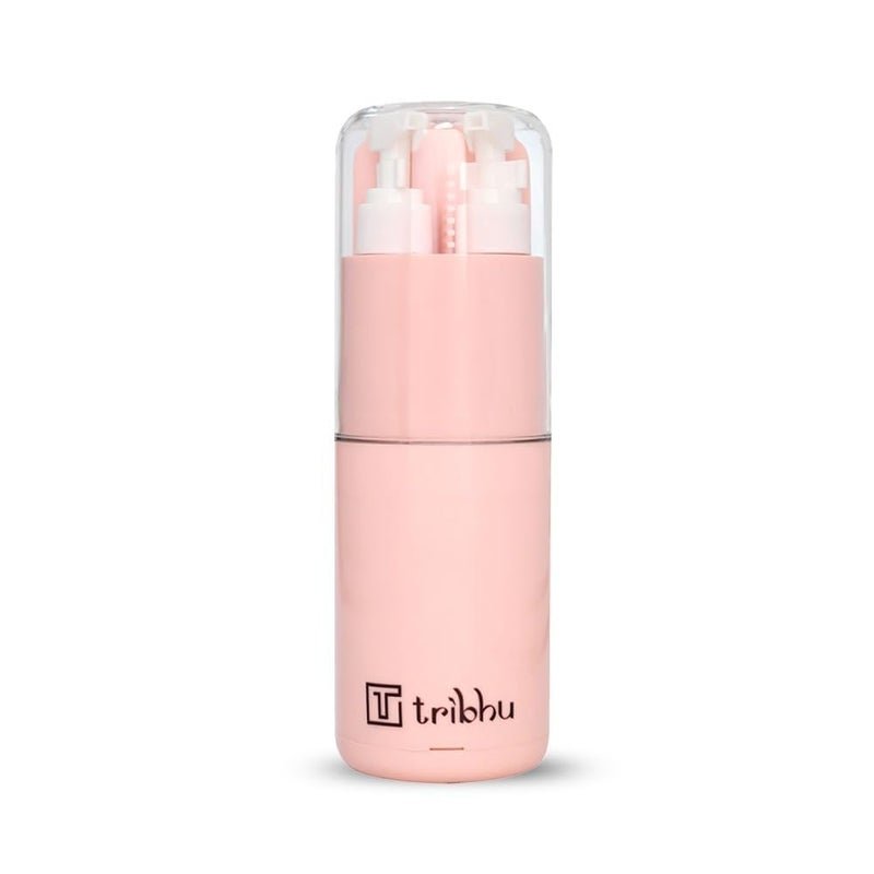 TRIBHU 6-in-1 Travel Essential Kit for Men & Women | Portable Toothbrush & Toothpaste Holder with 2 Liquid Dispensers, Mouthwash Cup & Compact Organizer | All-in-One Toiletry Kit (Pink)