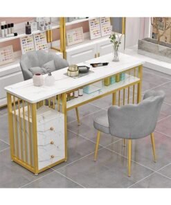 DubaiGallery 3 Tier Storage Shelves Manicure Table with White Faux Marble Top Gold Metal Frame Nail Desk Workstation Beauty Technician Desk for Home Office Kitchen and Nail Tech Makeup Beauty Spa Salon Equipment Nail Beauty Supplies Organizer