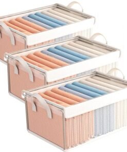PRIME PICK Storage Box Zip Cloth Organiser Pack 3 PVC Clothes organizer Wardrobe Organizer for Storage Foldable Washable Box with Lid Metal Frame,Handles Ideal for Almirah Drawer,Clothing,Transparent