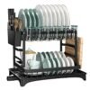 Toshionics 2 Tier Foldable Dish Drying Rack with Utensil Holder & Cutting Board Holder & Drainboard Tray T114667, Rotatable Drainage System Scratch Resistant Frosted Baking Process Coatings, Black