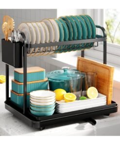 AMROAH Stainless Steel 2-Tier Dish Drying Rack with Cutlery Holder & Drainage Drainboard, Large Capacity Storage Dish Rack Kitchen Counter Organizer for Utensil Plate Spoon Fork Knife Pot