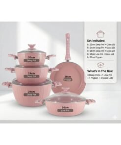 Homemaker 9-Piece Farah Cookware Set - Tempered Glass Lids - 3 Deep Pots - 1 Low Pot - 1 Frypan - Non-Stick Ceramic Surface - PFOA Free - Pink