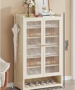 NKX Modern 8 Tier 3 Door Shoe Cabinet with Transparent Doors & Open Bottom Beige 90x32x107cm
