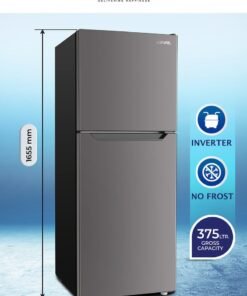 EGNRL 375L GROSS - 243L NET Capacity, INVERTER, NO FROST Double Door Refrigerator Dark Silver Color Recessed Handle R600A Inside Condenser EGR375S, One Year Warranty 150 W EGR375S Dark Silver