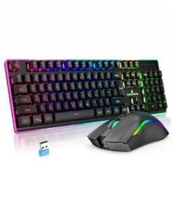 ROCK POW Arabic English 2.4G Wireless Gaming Keyboard and Mouse Combo,Gaming Combo include 100% 104 keys Merchanical Feel Keyboard Anti-ghosting RGB Rechargeable 3000mAh Battery, Ergonomic Design RGB Wireless Mouse Mice 4800 DPI Rechargeable 650mAh for PC Gamer