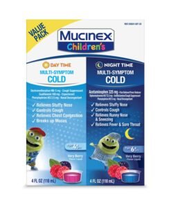 Mucinex Cold & Cough, Children's Multi-Symptom Day/Night Liquid, Very Berry, 8oz (2x4oz) Relieves Nasal & Chest Congestion, Thins & Loosens Mucus, Controls Cough, Reduces Fever, Soothes Sore Throat