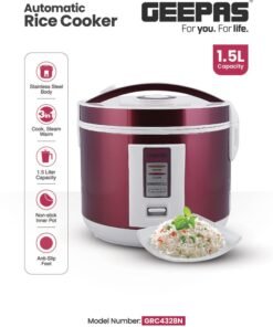 GEEPAS Multifunctional Automatic Rice Cooker with Stainless Steel Body & Non-Stick Inner Pot 1.5 L 708 W GRC4328N Red