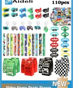 Aideli 110PCS Gaming Birthday Party Favors for 12 Guests, Video Game Party Bags with Doodle Stickers, Silicone Bracelets, Mini Notebook and Key Ring