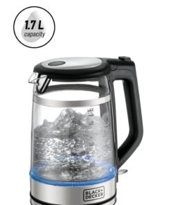 BLACK+DECKER Glass Kettle, Heating, Double Wall Wrap Protection, Premium Stainless Steel Finish, Blue LED Illumination, 360° Cordless Base, Easy Pour, 1.7 L 2200 W GK220-B5 Silver