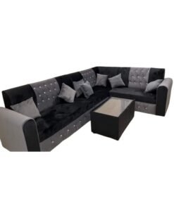 Maharat Al Bahar L Shape Mab Sofa Set 5 Seater With table & Pillow Grey/Black 300X80X80