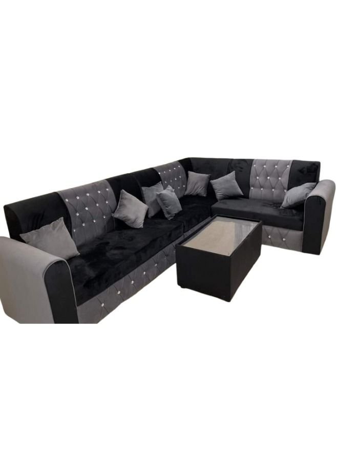 Maharat Al Bahar L Shape Mab Sofa Set 5 Seater With table & Pillow Grey/Black 300X80X80
