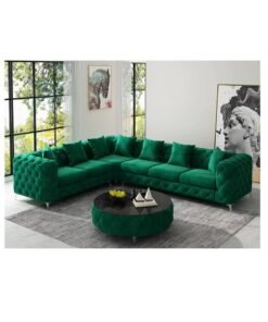 Maharat Al Bahar Green Luxury L-Shaped velvet Chesterfield Sofa - 6-Seater with silver Legs - Classic Tufted Design for Elegant Living Rooms