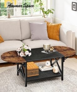 Ammar Space Folding Coffee Table, 2-Tier Extendable Coffee Table, Vintage Center Table with 2 Drop Leaves, with Storage Shelf, for Living Room, Bedroom, Balcony, Rustic Brown and Black 120x50x47cm