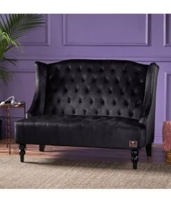Wooden Twist Soft Velvet Upholstery Button Tufted Modern Bench With Teak Wood Legs ( Black )