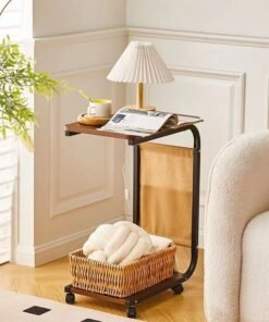 Alternative view of OQ Home Wooden C-Shaped Side Table with Wheels & Magazine Storage - Portable Sofa & Bedside Table, Ideal for Living Room, Bedroom, Balcony - Wood Finish, Black Frame - Compact, Elegant, Functional Furniture