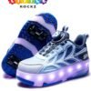 LITTLE ROCKZ Kids Four Wheel Roller Shoes Rechargeable LED Flash Light Sneaker Skate Heelys Shoes Blue