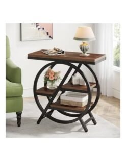 KLNAMAEAAN Side Table for Living Room, 3-Tier Narrow Side Table with Storage, Wood Sofa Side Table Metal Frame Brown Color