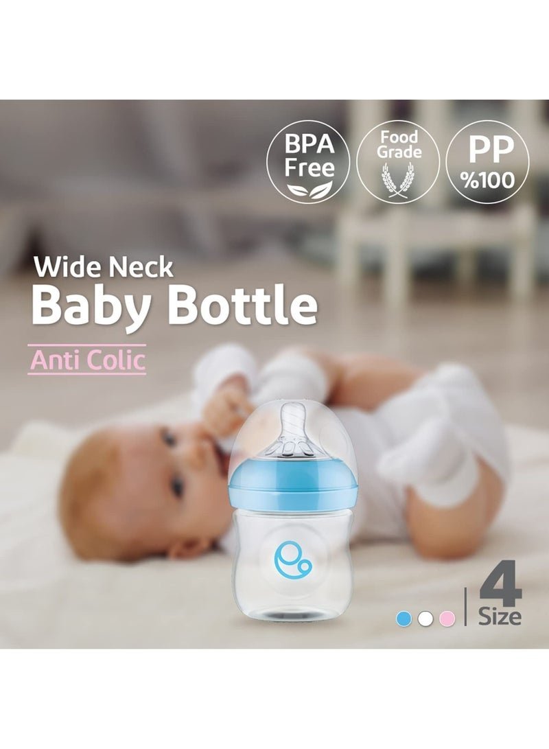 Umomy 6M Baby Bottles for Newborn, PP Anti-Colic Infant Bottles, Silicone Rubber Teat, Wide Neck Breast-Like Nipple, BPA Free Medium Flow, Blue, 125ml