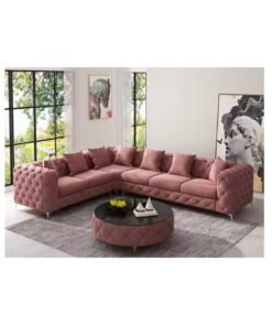 Maharat Al Bahar Maharat Furniture Golden-Legged L-Shaped Chesterfield Sofa Set – Luxury Velvet 6-Seater, Blush Pink – Traditional Elegance for Living Room