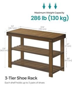 Alternative view of SONGMICS Shoe Rack Bench, 3-Tier Bamboo Shoe Storage Organizer, Entryway Bench, Holds Up to 129.7 kg, 28.7 x 70.1 x 45.2 cm, for Entryway Bathroom Bedroom, Walnut Colour ULBS04WL