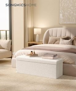SONGMICS HOME Stool with Storage Space, Foldable Stool, 38 x 110 x 38 cm, Footstool, Bench, Bed Bench, Storage Box, Maximum Load 300 kg, Living Room, Bedroom, Hallway, Cream White