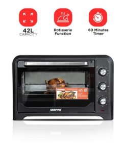 GEEPAS 42 L Electric Oven- G04450| Convection And Rotisserie Function, Perfect For Grilling, Toasting And Roasting| 3 Knobs And Temperature 100-250-Degrees Celsius| 60 Minute Timer With Bell| 2000W And 4 Piece Stainless Steel Heaters 42 L 2000 W GO4450 Black