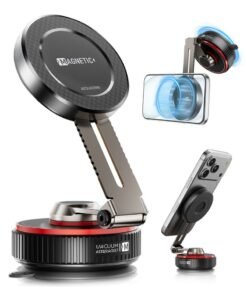 TONEOF 2025 Latest Magnetic Car Phone Holder, 360° Rotatable Car Phone Stand for MagSafe, Car Mount with Strong Vacuum Suction Cup&Retractable Arm, Mini Car Stand with Magnetic Ring for all Smartphone