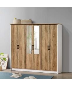 DANUBE HOME Swann 6-Door Wardrobe With Mirror For Hanging Clothes Extra Sturdy Rack Storage Organiser Modern Design Space Saving Cabinets For Bedroom - Summer Oak/Pearl White