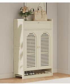 KLNAMAEAAN Shoe Cabinet Milky White Entryway with Two Doors and Eight Layers With Drawer 110*32*59cm