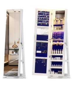 LED Light Jewelry Wardrobe, Storage Cabinet, Rotatable Jewelry Storage Cabinet, Large Standing Jewelry Cabinet, Fixed Wardrobe Position, Equipped With Independent Makeup Mirror And Full-Length Mirror.