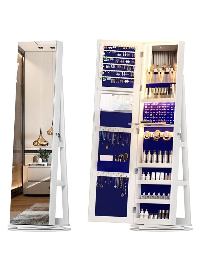 LED Light Jewelry Wardrobe, Storage Cabinet, Rotatable Jewelry Storage Cabinet, Large Standing Jewelry Cabinet, Fixed Wardrobe Position, Equipped With Independent Makeup Mirror And Full-Length Mirror.