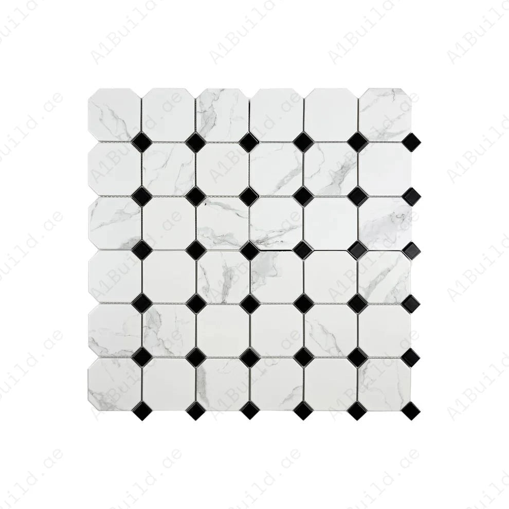 Carrara Lumina Series Carrara White Hexagon With Black Square Mixed Porcelain Mosaic