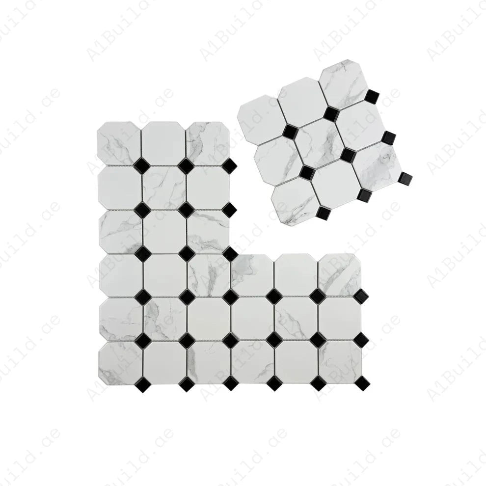 Carrara Lumina Series Carrara White Hexagon With Black Square Mixed Porcelain Mosaic - Image 2