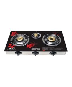 GEEPAS Gas Cooker, 8mm Tempered Glass Top, GK6759 | Triple Burner Gas Stove | Stainless Steel Frame & Tray | Japanese Piezo | Iron Mixing Tube, Piezo Ignition, Easy To Clean GK6759 Black