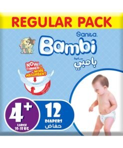 Sanita Bambi Baby Diapers, Size 4+, 10 - 18 Kg, 12 Count - Large, Regular Pack, Now Thinner And More Absorbent