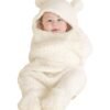 Beauenty Soft And Light Weight Baby Winter Sleeping Pajama Swaddling With Bear Ear Hat - White