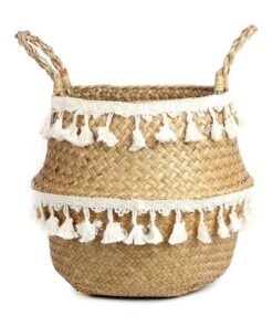 Ayra Handwoven Macrame Wicker Jute Storage Planter Basket Jute Cotton Cord Small Brown/White 36x27x32cm