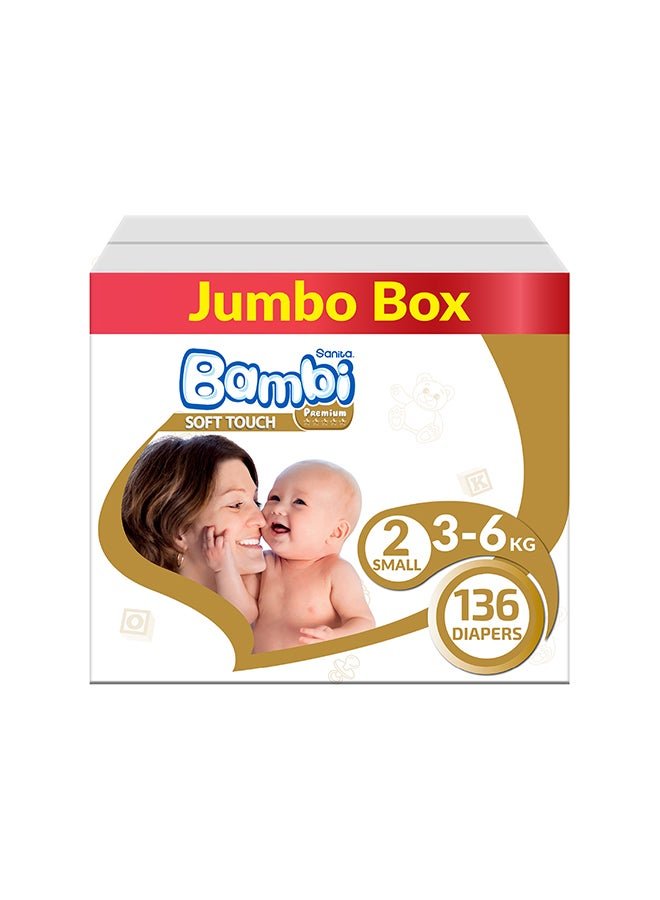 Sanita Bambi Baby Diapers Jumbo Box Size 2, Small, 3-6 KG, 136 Count