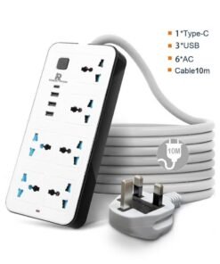 Rock Pow 10 Meters Universal Extension Cord Protector Power Strip with 6 Outlets, 3 USB-A Ports, 1 USB-C Port, Flat Plug, Wall Mountable, Desk USB Charging Station, Ideal for All Electronic Devices, White, 230x105x33mm