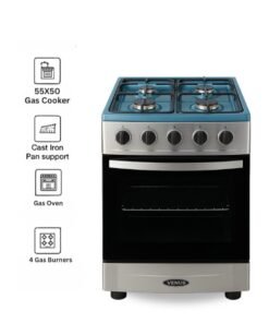 Venus 55x50 cm Full Stainless Steel Cooking Range | 4 Gas Burners with Thick Brass Burner Caps | Gas Oven with Mirror Finish Glass Door | Automatic Ignition | Compact Premium Design. Model VC5555ESD