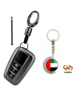 OUYoo for Toyota Key Fob Cover with Toyota Keychain, Car Key Fob Case Compatible with Toyota 2018-2024 Camry RAV4 Highlander Avalon C-HR Prius Corolla GT86 Metallic Gray，With UAE flag keychain.