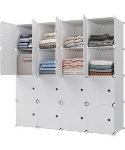 Portable Closet Clothes Wardrobe Bedroom Armoire Storage Organizer With Hanging Section, Capacious & Sturdy, (16 cube white)