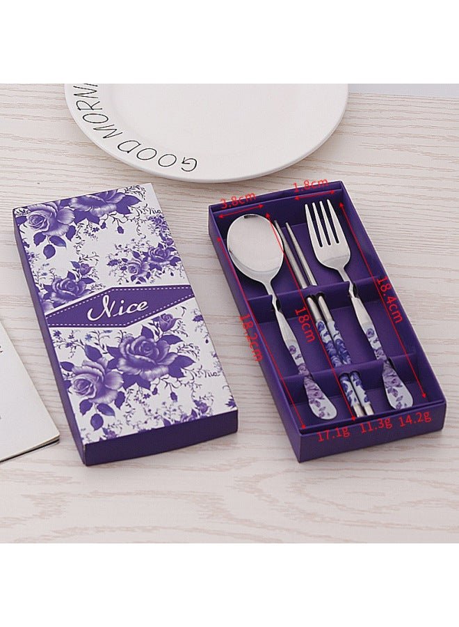 Stainless Steel Portable Tableware Set Hotel Gift Box Blue And White Porcelain Three-piece Tableware Chopsticks Fork Spoon Two-piece Set-Specifications:Three-piece Purple Rose