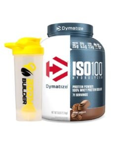 Dymatize Iso 100 Isolated Whey Protein Body Builder Shaker, 25g of Protein, 5.5g Bcaas Gourmet Chocolate, 5lb