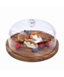 Solerconm Acacia Wood Cake Stand with Glass Cover, 29x29x13 cm, Round Dessert Display for Cake, Pastry, Cupcakes, Fruits, and Cheese