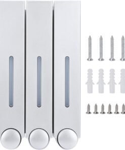 woobles Manual Soap Dispensers Wall-Mounted Three Chamber Shampoo Box for Hotel Bathroom(6028 silver three cups)