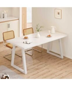 CityRiya-Long White Minimalist Dining Table, Multifunctional Table for Kitchen Dining Room Living Room, Modern Nordic Style Computer Desk Study Table Tea Table with Sturdy Metal Legs, Space-Saving Home Office Table（YN096）