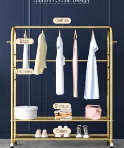Merry Moments Modern Clothes Rack Garment Rack Clothing Rack Clothes Hangers Freestanding for Home Hotel Retail Metal Multi-shelf with Wheel Gold Colour H168xL120xW34 cm
