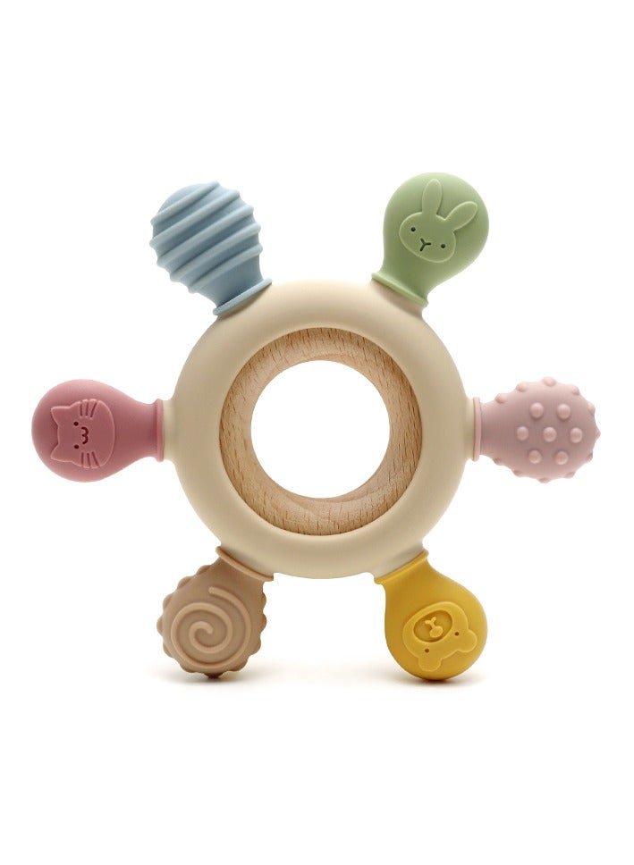 Twisoo Baby Teething Toys - Silicone Rudder Toy with Wooden Rings for Soothing Teething Pain Relief - Shower Gift for lnfants & Toddlers 3+ Months ( Cream )